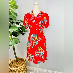 Vintage Cameo Red Floral Mini Summer Spring Shirt Dress